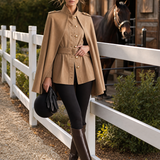 Women's Khaki Cape Jacket Belted Military Stand Collar Cape Coat