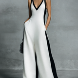 Women's Fashion Black and White Cotton Linen Color Block Thin Strap Jumpsuit MDZ0528B0BA