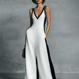 Women's Fashion Black and White Cotton Linen Color Block Thin Strap Jumpsuit MDZ0528B0BA