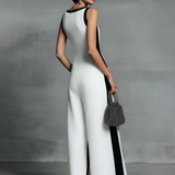 Women's Fashion Black and White Cotton Linen Color Block Thin Strap Jumpsuit MDZ0528B0BA