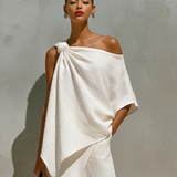 Women's White Linen Set With One-Shoulder Knot Detail & Front Slit, Timeless Minimalist-Resort Style Set MDZ2796C6I