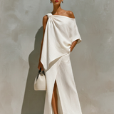 Women's White Linen Set With One-Shoulder Knot Detail & Front Slit, Timeless Minimalist-Resort Style Set MDZ2796C6I
