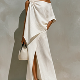 Women's White Linen Set With One-Shoulder Knot Detail & Front Slit, Timeless Minimalist-Resort Style Set MDZ2796C6I