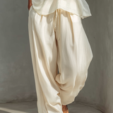 Women's Cream-Hued Tencel-Blend High-Waisted Wide-Leg Pants with Drawstring and Pockets MDZ3047C2T