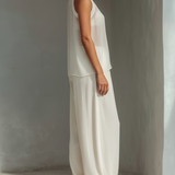 Women's Cream-Hued Tencel-Blend High-Waisted Wide-Leg Pants with Drawstring and Pockets MDZ3047C2T