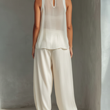 Women's Cream-Hued Tencel-Blend High-Waisted Wide-Leg Pants with Drawstring and Pockets MDZ3047C2T