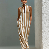 Women’s Camel & White Striped Sleeveless Stand Collar V-Neck Maxi Dress With Pockets MDZ2026D2T