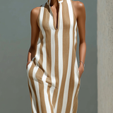 Women’s Camel & White Striped Sleeveless Stand Collar V-Neck Maxi Dress With Pockets MDZ2026D2T