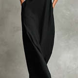 Women's Black Linen-Blend Maxi Dress With High Neck & Side Pockets, Timeless Minimalist Casual Dress MDZ2597D7LYL