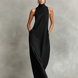 Women's Black Linen-Blend Maxi Dress With High Neck & Side Pockets, Timeless Minimalist Casual Dress MDZ2597D7LYL