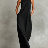 Women's Black Linen-Blend Maxi Dress With High Neck & Side Pockets, Timeless Minimalist Casual Dress MDZ2597D7LYL