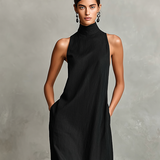 Women's Black Linen-Blend Maxi Dress With High Neck & Side Pockets, Timeless Minimalist Casual Dress MDZ2597D7LYL