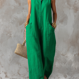 Women's Minimalist Loose-Fit Linen-Blend Jumpsuit — Stand Collar, Sleeveless, Single-Breasted MDZ2928D6Y