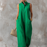 Women's Minimalist Loose-Fit Linen-Blend Jumpsuit — Stand Collar, Sleeveless, Single-Breasted MDZ2928D6Y