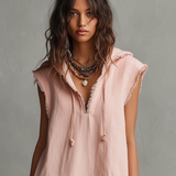 Women's Minimalist Linen-Blend Mini Dress — Hooded, Sleeveless, Raw Hem MDZ2961D3Y