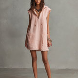 Women's Minimalist Linen-Blend Mini Dress — Hooded, Sleeveless, Raw Hem MDZ2961D3Y