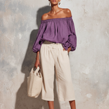 Women's Casual Style Purple Cotton And Linen Off-shoulder Long Lantern Sleeve Top MDZ0697E3GMJ