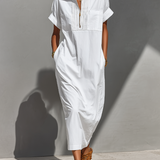 Women's White 100% Cotton Maxi Shirt Dress With Half-Zip Collar & Rolled Sleeves, Timeless Casual Everyday Dress MDZ0779E4LYL