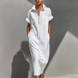 Women's White 100% Cotton Maxi Shirt Dress With Half-Zip Collar & Rolled Sleeves, Timeless Casual Everyday Dress MDZ0779E4LYL