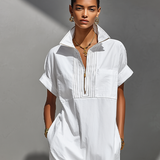 Women's White 100% Cotton Maxi Shirt Dress With Half-Zip Collar & Rolled Sleeves, Timeless Casual Everyday Dress MDZ0779E4LYL