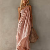 Women's Elegant Pink Cotton-Linen One-Shoulder Sleeveless Maxi Dress MDZ0829E1LXY