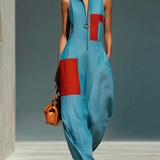 Women’s Blue Linen-Blend Sleeveless Jumpsuit With Red Patch Pockets & Half-Zip Stand Collar MDZ0982E4T