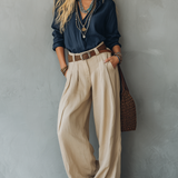 Women's Casual Navy Blue Cotton-Linen Long-Sleeve Pullover Shirt Paired MDZ2604E5LXY