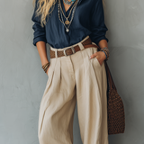 Women's Casual Navy Blue Cotton-Linen Long-Sleeve Pullover Shirt Paired MDZ2604E5LXY
