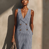 Women's Blue-White Striped Cotton-Blend Maxi Dress With Blazer Style & Double-Breasted, Timeless Nautical Casual Dress MDZ1388E5LYL
