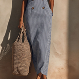 Women's Blue-White Striped Cotton-Blend Maxi Dress With Blazer Style & Double-Breasted, Timeless Nautical Casual Dress MDZ1388E5LYL