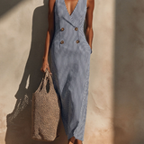 Women's Blue-White Striped Cotton-Blend Maxi Dress With Blazer Style & Double-Breasted, Timeless Nautical Casual Dress MDZ1388E5LYL