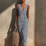 Women's Blue-White Striped Cotton-Blend Maxi Dress With Blazer Style & Double-Breasted, Timeless Nautical Casual Dress MDZ1388E5LYL