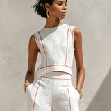 Women's Minimalist Linen-Blend Contrast-Stitched Blouse & Wide-Leg Pants Set MDZ1599E9Y
