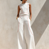 Women's Minimalist Linen-Blend Contrast-Stitched Blouse & Wide-Leg Pants Set MDZ1599E9Y