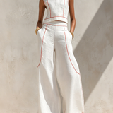 Women's Minimalist Linen-Blend Contrast-Stitched Blouse & Wide-Leg Pants Set MDZ1599E9Y