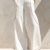 Women's Minimalist Linen-Blend Contrast-Stitched Blouse & Wide-Leg Pants Set MDZ1599E9Y