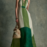 Women's Vacation Style Green And White Color-Block Linen-Cotton Halter V-Neck Waist-Tailored Maxi Dress MDZ2051E3GMJ