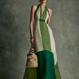 Women's Vacation Style Green And White Color-Block Linen-Cotton Halter V-Neck Waist-Tailored Maxi Dress MDZ2051E3GMJ