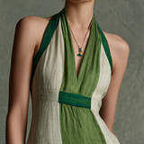 Women's Vacation Style Green And White Color-Block Linen-Cotton Halter V-Neck Waist-Tailored Maxi Dress MDZ2051E3GMJ