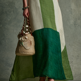 Women's Vacation Style Green And White Color-Block Linen-Cotton Halter V-Neck Waist-Tailored Maxi Dress MDZ2051E3GMJ
