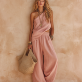 Women's Casual Pink Cotton-Linen One-Shoulder Sleeveless Top And Trousers Set MDZ2308E4LXY