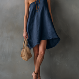 Women's Minimalist Linen-Blend One-Shoulder Sleeveless Mini Dress With Frayed Hem MDZ2597E0Y