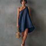 Women's Minimalist Linen-Blend One-Shoulder Sleeveless Mini Dress With Frayed Hem MDZ2597E0Y