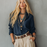 Women's Casual Navy Blue Cotton-Linen Long-Sleeve Pullover Shirt Paired MDZ2604E5LXY