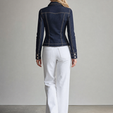 Women's Dark Blue Denim Jacket Star Embroidery Fitted Western Shirt