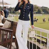 Women's Dark Blue Denim Jacket Star Embroidery Fitted Western Shirt