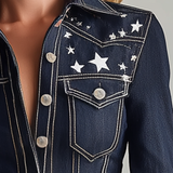 Women's Dark Blue Denim Jacket Star Embroidery Fitted Western Shirt