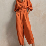 Women's Minimalist Cotton-Linen Jumpsuit With Belt — Wide-Leg Trousers And Mid-Length Sleeves MDZ2965E9ZJW