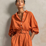 Women's Minimalist Cotton-Linen Jumpsuit With Belt — Wide-Leg Trousers And Mid-Length Sleeves MDZ2965E9ZJW