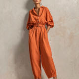 Women's Minimalist Cotton-Linen Jumpsuit With Belt — Wide-Leg Trousers And Mid-Length Sleeves MDZ2965E9ZJW